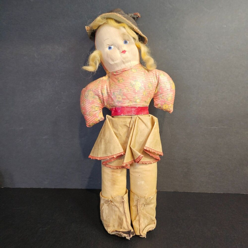 Trixy Toy Co 1920s Doll, Vintage Leather Cloth Folk Art Doll, 13"
